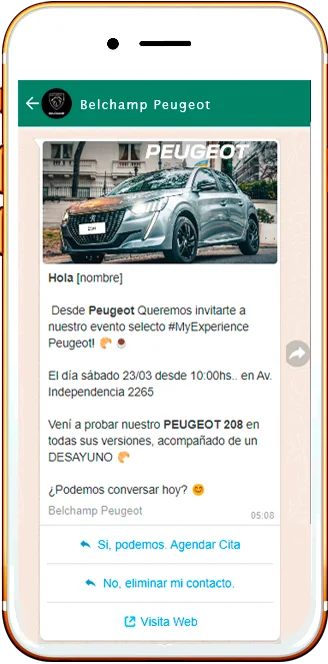 Ejemplo de plantilla de Marketing en WhatsApp Business API — invitación a evento Peugeot con imagen y botones de respuesta rápida