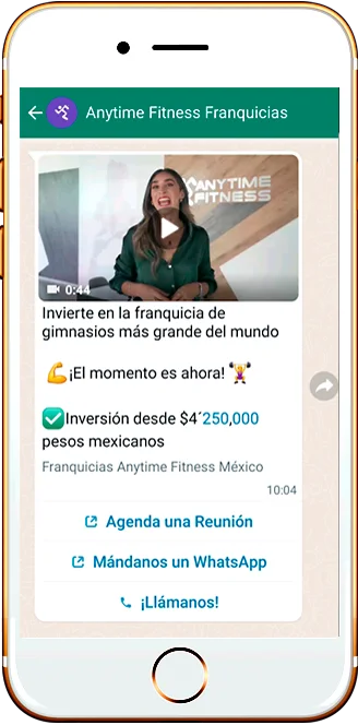 Ejemplo de plantilla de Marketing en WhatsApp Business API — video promocional de franquicias Anytime Fitness con botones de contacto